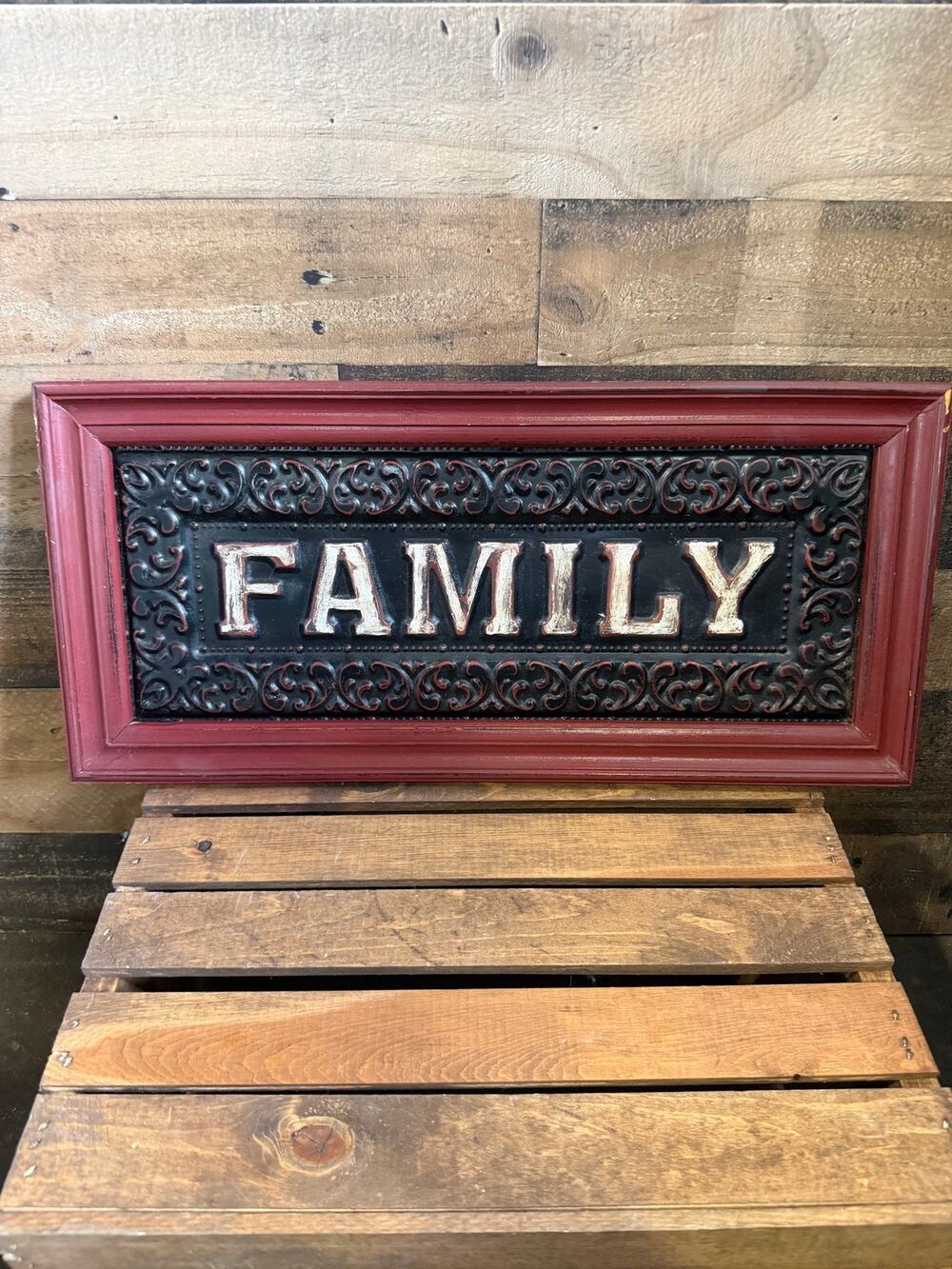 Rustic Family Embossed Metal Wall Sign - Framed Distressed Red Wood -20x9 Plaque